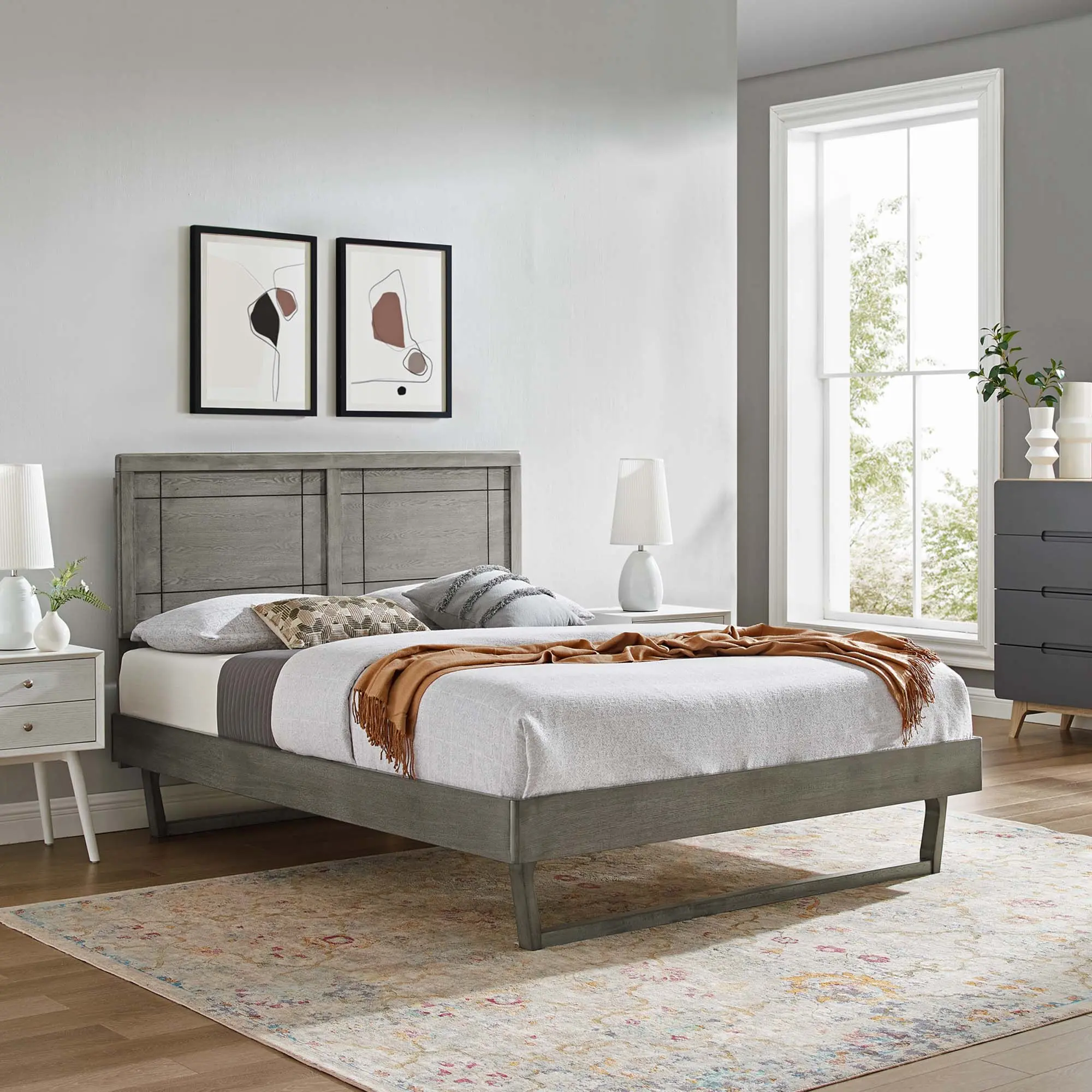 Modway Marlee Full Wood Platform Bed With Angular Frame in Gray