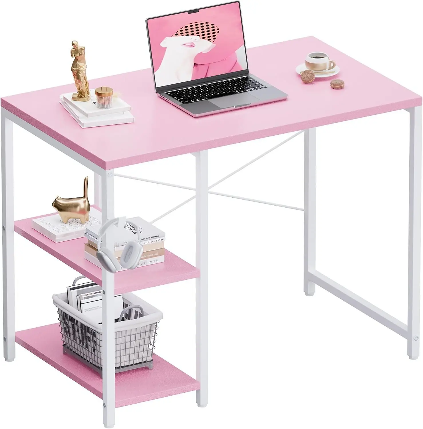 32 Inch Small Computer Desk with Shelves,  Office Desk with Headphone Hook for Bedroom, Study Writing PC Table for Small Spaces,