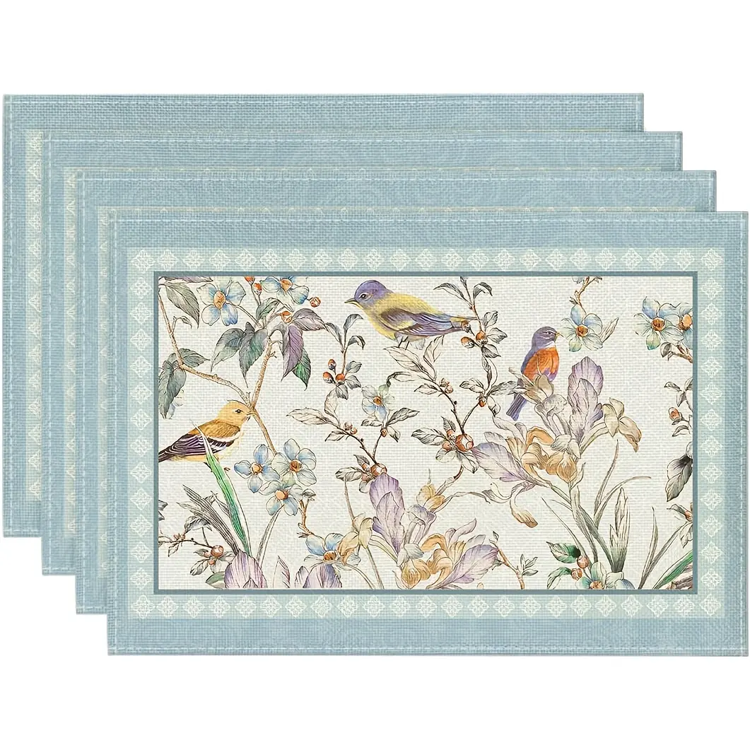 4/6pcs,Blue Birds Flowers Blossom Placemats for Table Runner Party Kitchen Dining Decoration 12x18 Inch