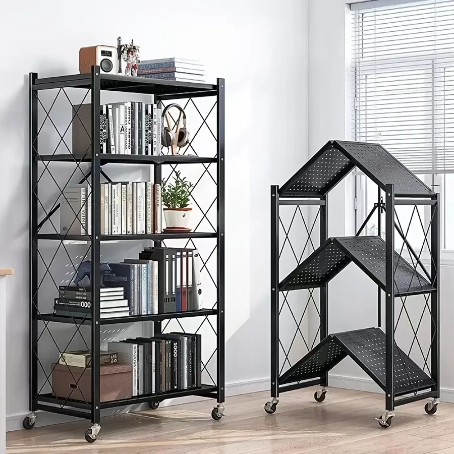 Office Bookshelf Shelving Unit, 3/4/5-Tier Unassembled Storage Rack, Equipped with Wheeled Multi-Layer Storage Shelves, Portable Floor-Standing Versatile Miscellaneous Storage Rack