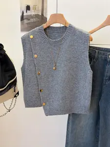 Fashionable Chic Asymmetrical Button Design Sleeveless Knit Vest Women, Solid Color Round Neck Summer Top, Versatile Multi-Functional Knitted Jumper