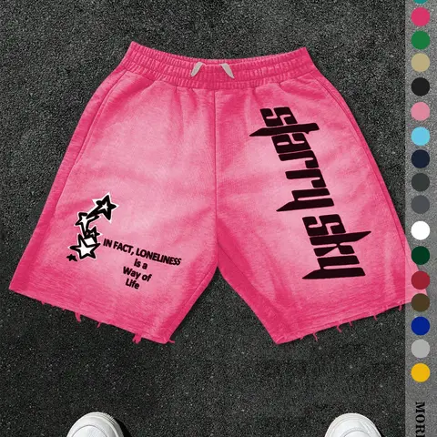 Men's Streetwear Knit Shorts, Oversized Casual Loose Shorts with Fun Letter & Star Print, Elastic Drawstring Waist with Pockets, Streetwear Lounge Shorts