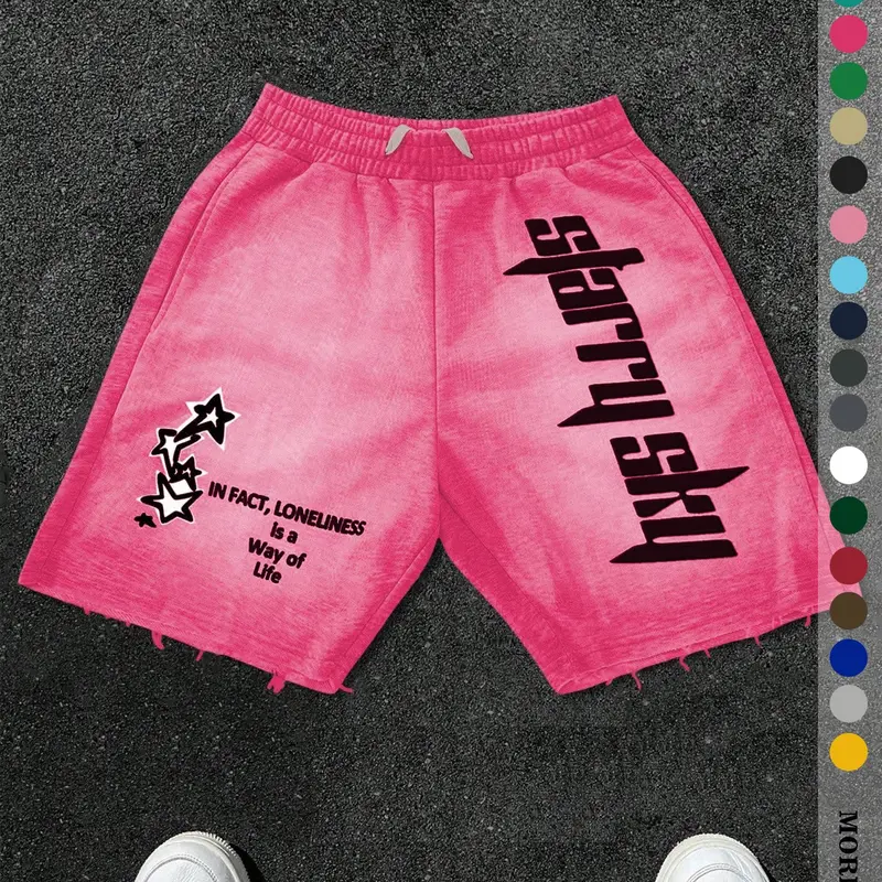Men's Streetwear Knit Shorts, Oversized Casual Loose Shorts with Fun Letter & Star Print, Elastic Drawstring Waist with Pockets, Streetwear Lounge Shorts