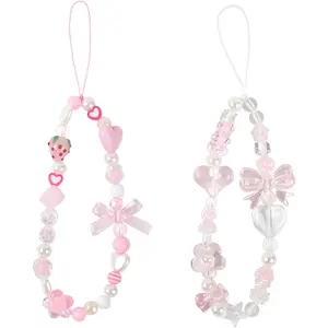 Pink Phone Charms Strap Cute Strawberry Phone Beads Charm Wrist Strap Y2k Bow Lanyard for Camera Keychain Decoration