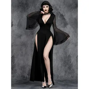 Gothic Deep V Mesh Patchwork Slit Dress, Casual Fitted Fashion Style, All Seasons Wear, Moderate Fabric Thickness, No Accessories Included