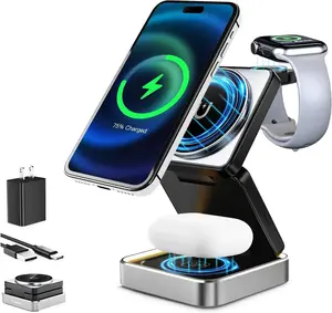 Portable Magsafe  Charger Station 3 in 1 for  Multiple Devices, Foldable Magent Travel  Station,  Fast Charger with Light for  12-16 Series for  Watch & Airpod