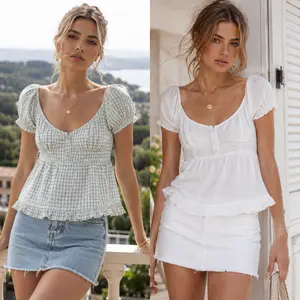 Trendy Vintage Women´s Summer Short-sleeved T-shirt Solid Color/Check Low-necked Pleated Hem Casual Tops,Streetwear Casual T-shirts