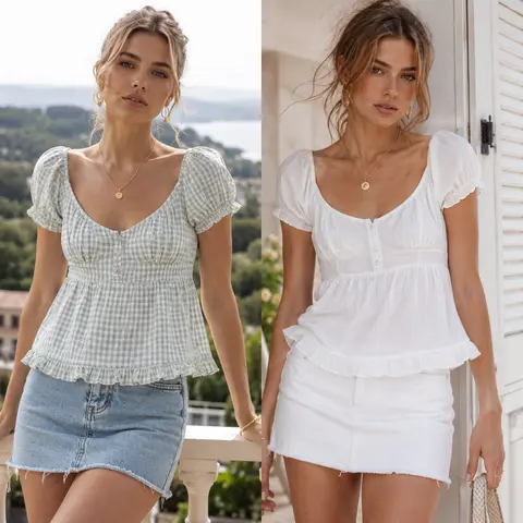 Women's Basic Polyester Short-Sleeve Vintage Summer T-Shirt - Solid/Check, Low Neck, Ruffle Hem Lady Casual Streetwear Vibes Top, Trendy ShortSleeve Tshirt for Daily Wear
