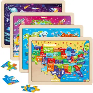 SYNARRY Wooden Puzzles for Kids Ages 4-6, 4 Packs 24 PCs Wood Jigsaw Puzzles for Toddlers 2-4, USA World Map Earth Planets Solar System Space Puzzles, Children Toys Gifts for 3 4 5 Year Old Boys Girls