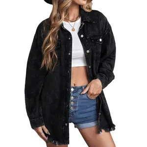 Renaishow Women's Oversized Button Up Frayed Hem Shacket Long Sleeve Pockets Denim Jean Jacket in Classic Black