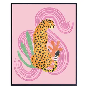 Mid Century Modern Abstract Cheetah LARGE 11x14 - Pink Boho Wall Art - Minimalist Gallery Wall Decor - Aesthetic Room Decor - Bohemian Bedroom Decor - Living room Wall Collage - Geometric - Home Decor