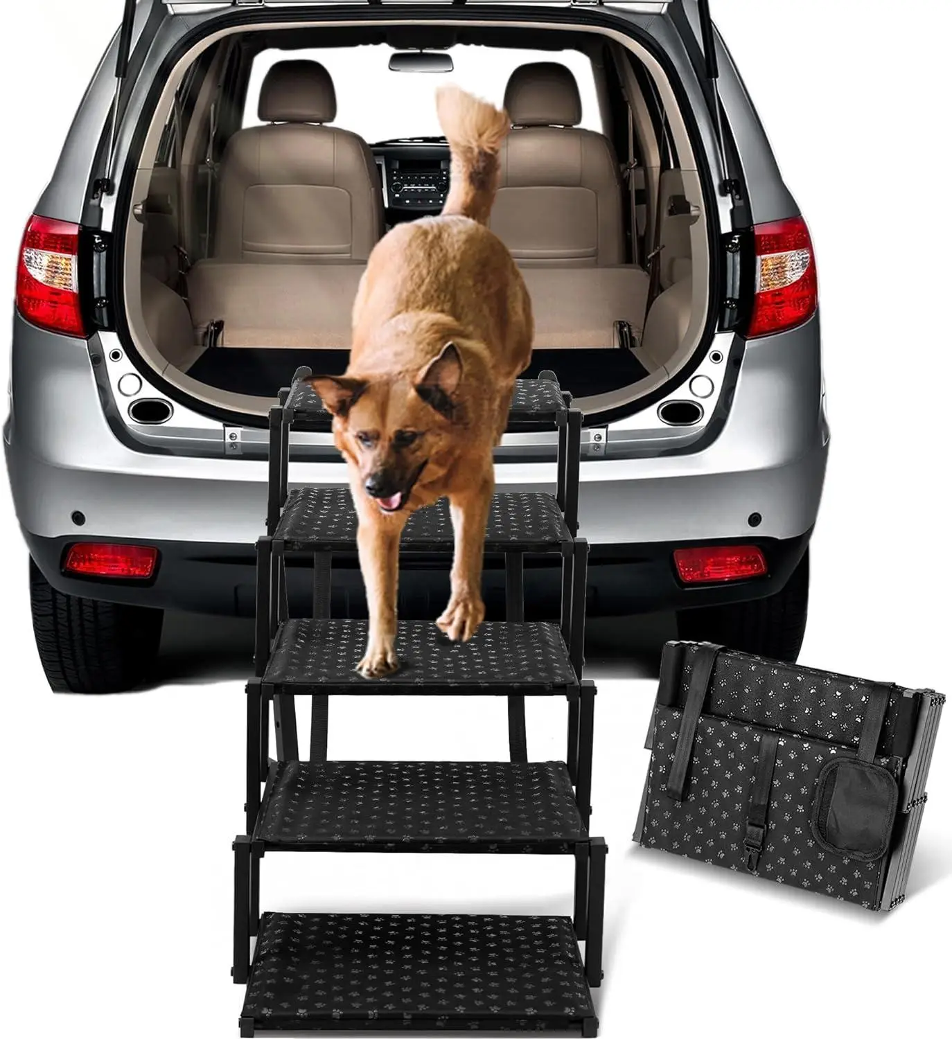 RoadPaws Foldable Dog Car Ramp - Portable Pet Steps for Large Dogs, Non-Slip Surface - Supports Up to 200 lbs - SUVs, Trucks, and Cars dog ladder dog