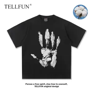 TELLFUN Men's Retro Tropical Vintage Washed Palm Print Short-Sleeve Casual Menswear T-Shirt, Loose-Fitting Street-Style Top