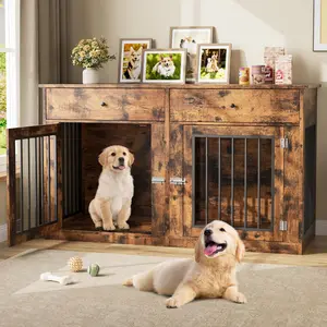 Dog Crate Furniture for 2 Dogs, 60" Farmhouse Dog Kennel Furniture with 2 Large Drawers, Indoor Dog Cage & TV Stand, Wooden Double Dog Crates for Small Medium Dogs