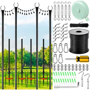 4 Pack 10 ft String Light Poles and Hanging Kit Outdoor Includ 4 Light Poles 164 ft Stainless Steel 304 Wire Rope Hanging Kit Enough Accessories for Outside Patio Backyard Deck Metal Stand