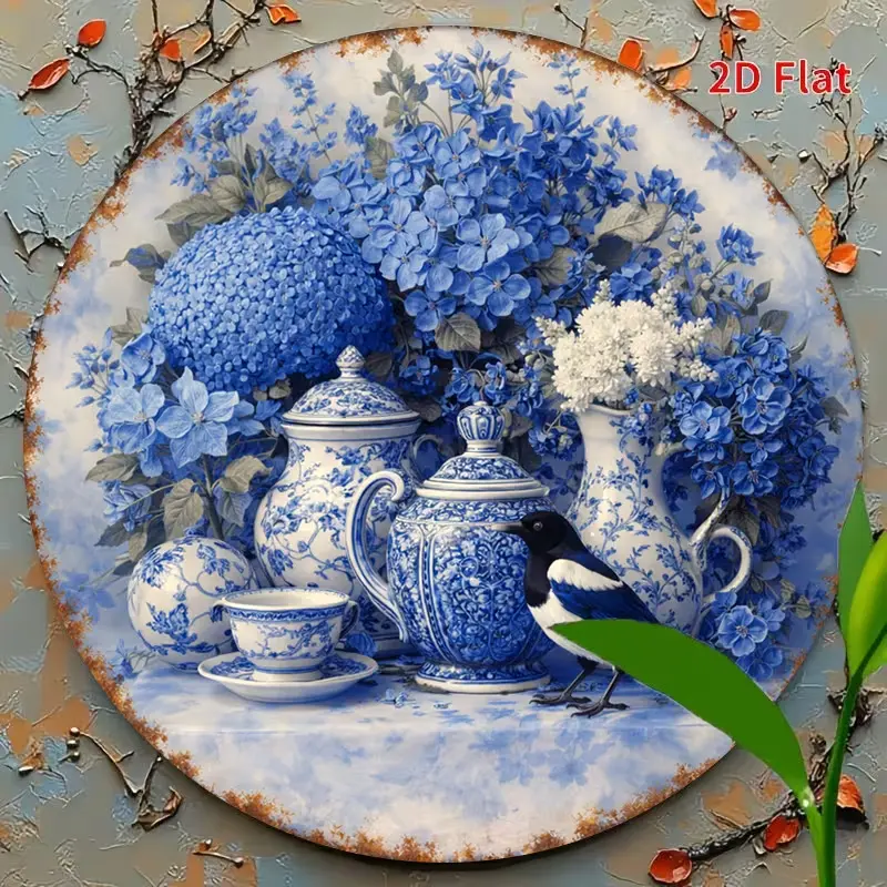 Round Metal Tin Sign Blue Hydrangea Magpie Blue And White Porcelain Vintage Wall Decor, Chinoiserie Floral Teapot Round Metal Plaque Farmhouse Cottage Kitchen Wall Art Gift