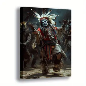 2D Flat Native American Warrior Spirit Canvas Wall Art - Vibrant Feather Headdress, Colorful Beaded Clothing, Printed Poster, Artwork, Elegant Home Office Decoration, Modern Retro Design, Indoor Wall Hanging, Suitable for Living Room, Bedroom, Kitchen