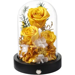 Flowers for Delivery, 3 Yellow Forever Roses in Glass Dome with LED, Preserved Real Rose, Valentines Day Anniversary Birthday Mothers Day Flower Gifts for Mom Her Women Wife Mother
