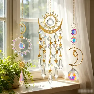 3Pcs AB Color Crystal Suncatcher Wind Chimes, Flame & Moon Prism Crystal Hanging Ornaments, Boho Style Sun & Moon Window Decor, Shiny Crystal Pendant for Home, Garden, Ceiling Decoration, Ideal Birthday & Christmas Gifts for Women