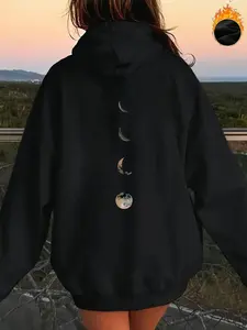 Women's Moon Print Zip Up Hoodie, Casual Drop Shoulder Long Sleeve Hooded Sweatshirt for Fall & Winter, Women's Clothes for Daily Wear