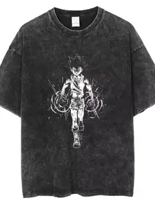 Hunter X Hunter Gon Freecss Jajankan Pattern T-Shirt, Vintage Wash Anime Streetwear, Fitted Long Sleeve Casual Top, Unisex Fashion Tee