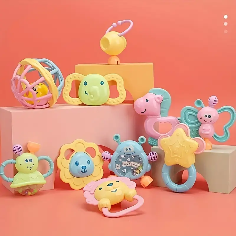 [Baby Teething Toy] Mixed Color Baby Rattle and Teething Toy Set |   PP Material, Infant Gift Box with Bell Suit, Plush Rings, and Teething Teether - Ideal for Newborns and Toddlers