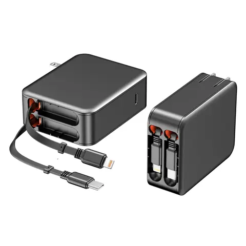 35W Retractable Wall Plug Charger with Dual Auto Retract Tangle-Free Cables, 3-Port USB Hub, USB-C, Overcharge Protection - Pocket-Ready Fold, Includes Cable for iPhone 16/15/14/13/12/11 (Lightning), iPad, Samsung, LG