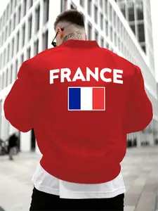 Men's Casual Stand Collar Zipper Jacket, France & Flag Design, Spring & Fall Fashion, Fitted Polyester Outerwear, Versatile Style