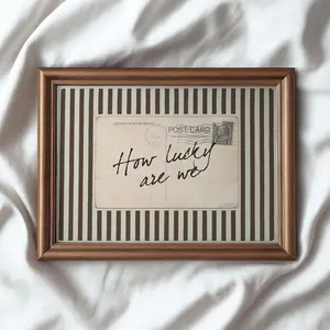 How Lucky Are We Quote Art Print - Coquette Brown Striped Aesthetic, Vintage Postcard Style Poster, Old Money Bedroom Decor, Preppy Wall Art poster unframe, any size