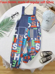 Fashion Colorful Letter Print Artificial Denim Workwear for Kids, Adjustable Straps, Dual Front Pockets, Elastic Cuffs, Size 100-140cm