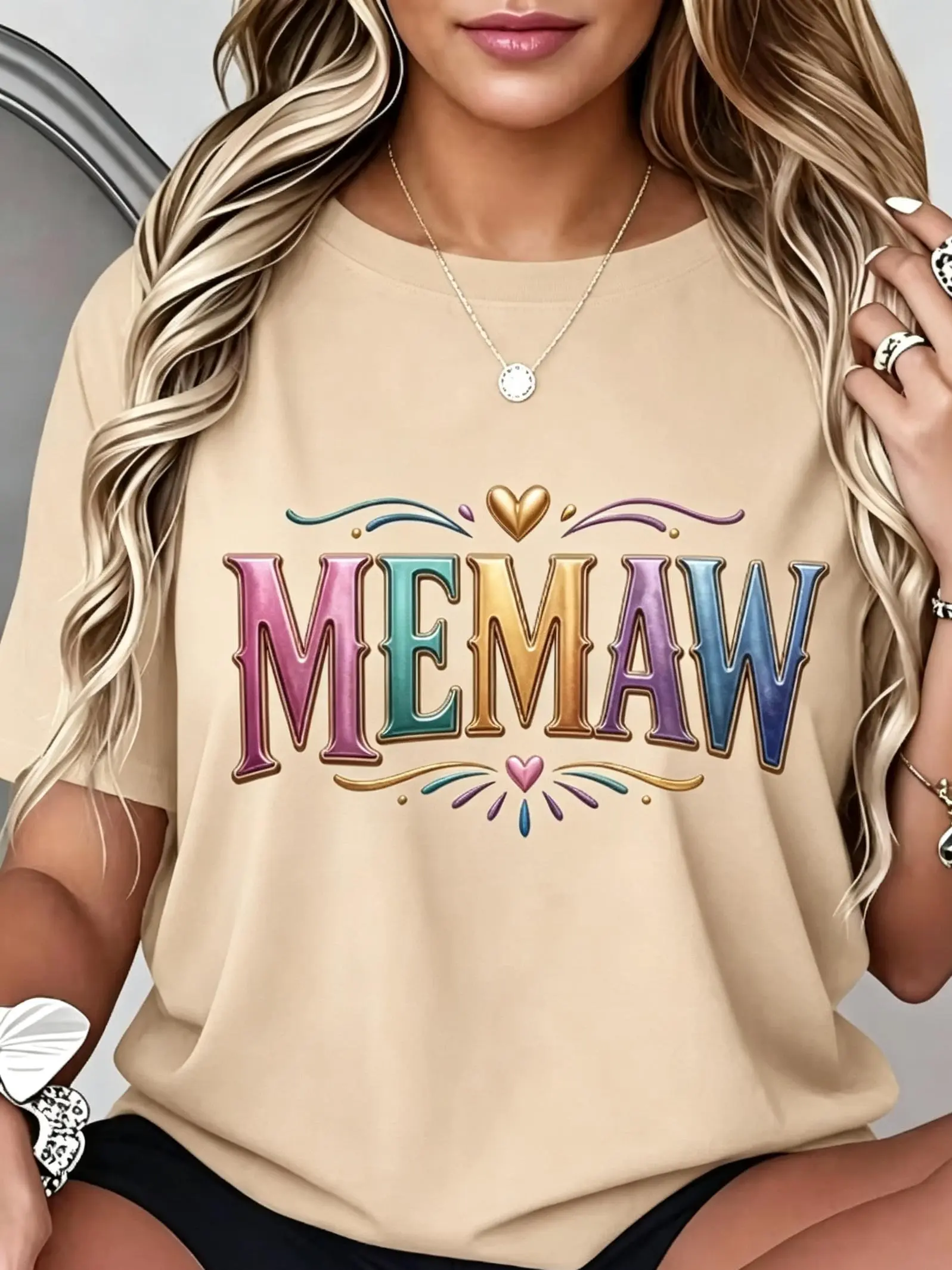 Plus-Size T-Shirt with Bright MEMAW Multicolor Lettering, Perfect for Casual Days Women Short Sleeve Round Neck T-Shirt, Loose Fit, Soft Feel, Machine Washable