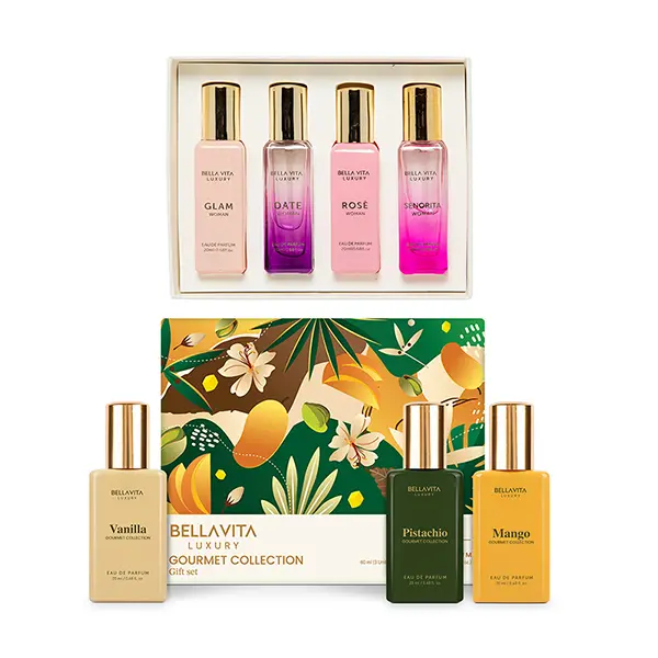 Sprinkle Me Pretty by BellaVita Luxury | Perfume Combo Gift Set | Gourmand Collection 3x20 ml & Women’s Mini Set 4x20 ml | Long Lasting Unisex Perfume | Vanilla, Mango, Pistachio, Senorita, Rose, Date & Glam | Vegan & Cruelty Free Eau De Parfum