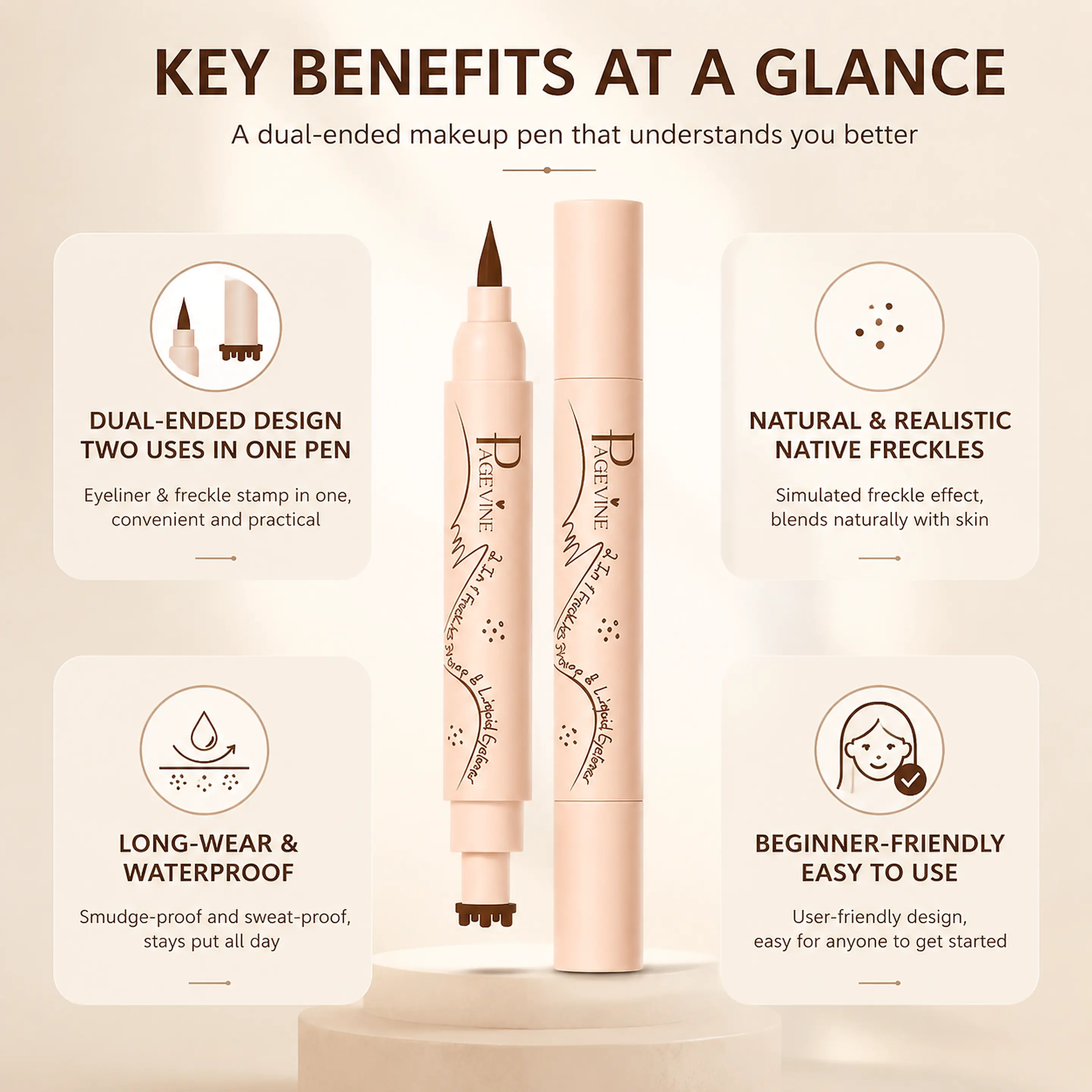 Double-End Easy Eye Makeup Tool - 2-in-1 Freckle Stamp & Waterproof Liquid Eyeliner Pen, Smudge-Proof Long-Lasting Brown Makeup, Multiple 4 Shades for All Skin Tones Daily Use, Normal, Dark Eyeliner