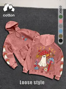 Women's street retro style fun Halloween mushroom ghost print washed hooded sweatshirt fashion trend casual hoodie, loose thin hooded sweatshirt with pockets, women's spring and autumn wear