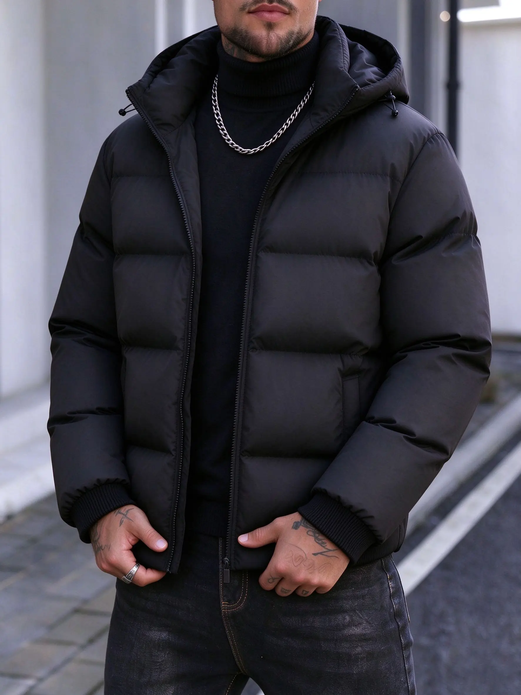 Menswear Men's Hooded Padded Winter Coat - Full Zipper Closure, Horizontal Quilted Shell, Ribbed Cuffs, Side Pockets, Adjustable Drawstring Hood, Plain Long Sleeve Tops Casual Warm Jacket for Daily Wear
