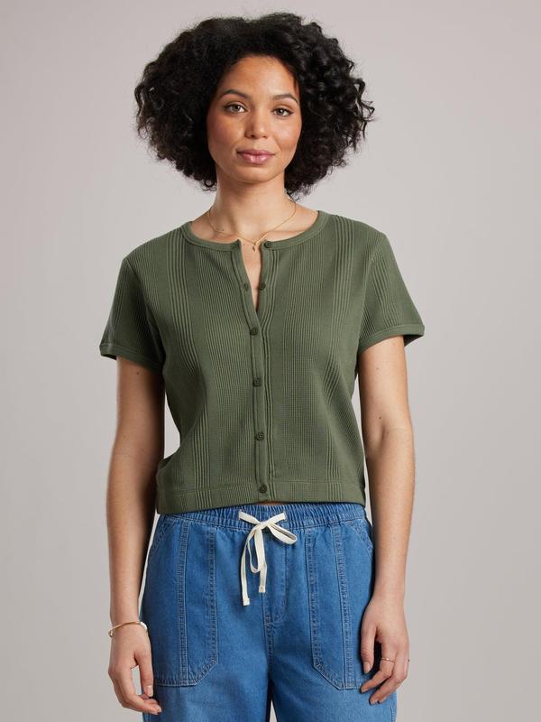UNIONBAY Women's Cotton Knit Lenora Ribbed Cap Sleeve Full Buttons Button-Up Blouse - s, Minimalist Casual Top, Approx. Length from Center Back Neckline: 20.5"