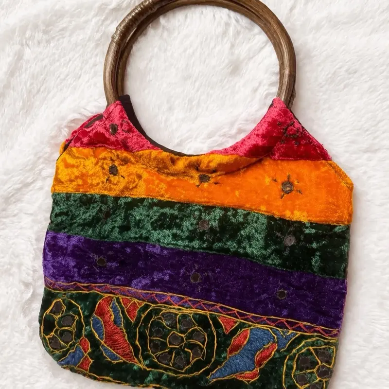 Rainbow Velvet Handbag (A) with Embroidered Design and Vintage style Wooden Handle