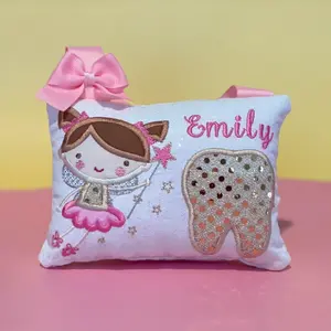 Personalized Tooth Fairy Pillow with Name Sequined Tooth Design for Kids Glittery White Fabric 4x6" with Tooth Pocket