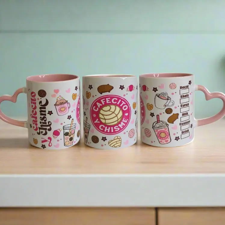 Cafecito Y Chisme 11oz Pink Mug Heart Handle
