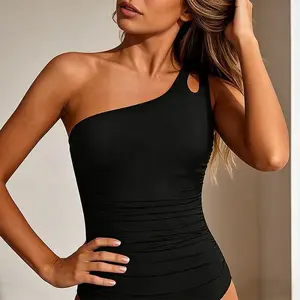 Women's One Shoulder One Piece Swimsuit Tummy Control Ruched Design Full Coverage Adjustable Strap Modest Bathing Suit for Beach & Pool