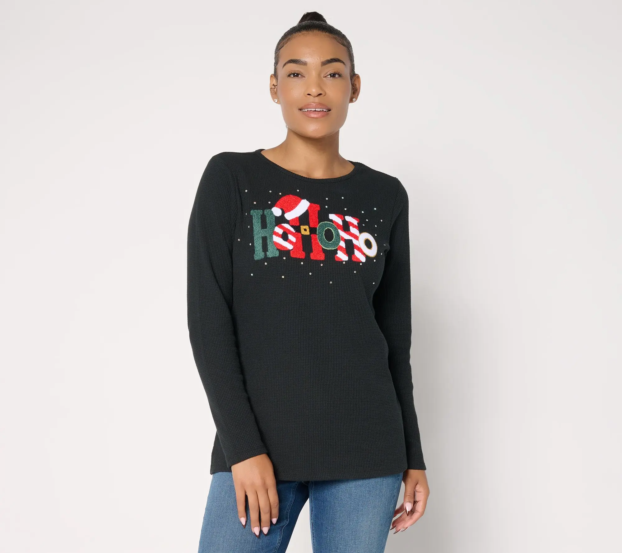 Quacker Factory Good Tidings Punch Needle Waffle Knit Top