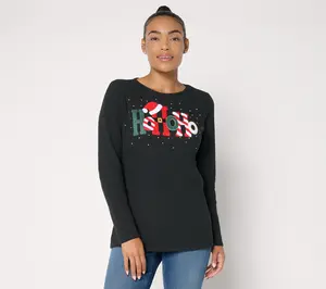 Quacker Factory Good Tidings Punch Needle Waffle Knit Top