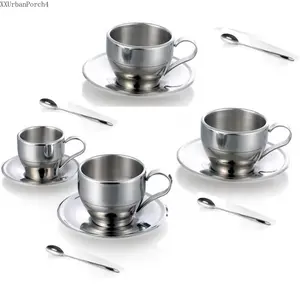 Stainless Steel Coffee Cup Coffee Mugs Espresso Cups and  Cappuccino Cups with Spoon and Saucer  Idea for Coffee and  Lovers (4)XXUrbanPorch4