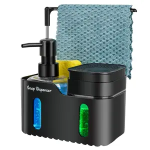 Hand Soap and Dish Soap Dispenser Set for Kitchen, Dual Soap Dispenser with Sponge Holder and Dishcloth Holder 4-in-1 Organizer for Kitchen Sink Countertop