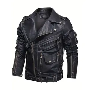 Men's Retro Biker Jacket - Stylish Black, Loose Fit, Durable Polyester, Multiple Zippers & Studded Details for Spring & Fall