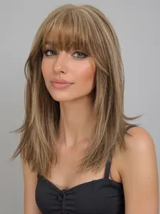18 Inch Medium Straight Wig with Bangs, Highlighted Synthetic Hair, Natural Look, Easy Care, Suitable for All Ages