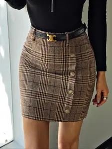 Women's Plaid Print Fake Buttons Skirt without Belt, High Waist Bodycon Short Skirt for Spring, Women's Bottoms for Work Office Outdoor Wear, High Waist Skirts