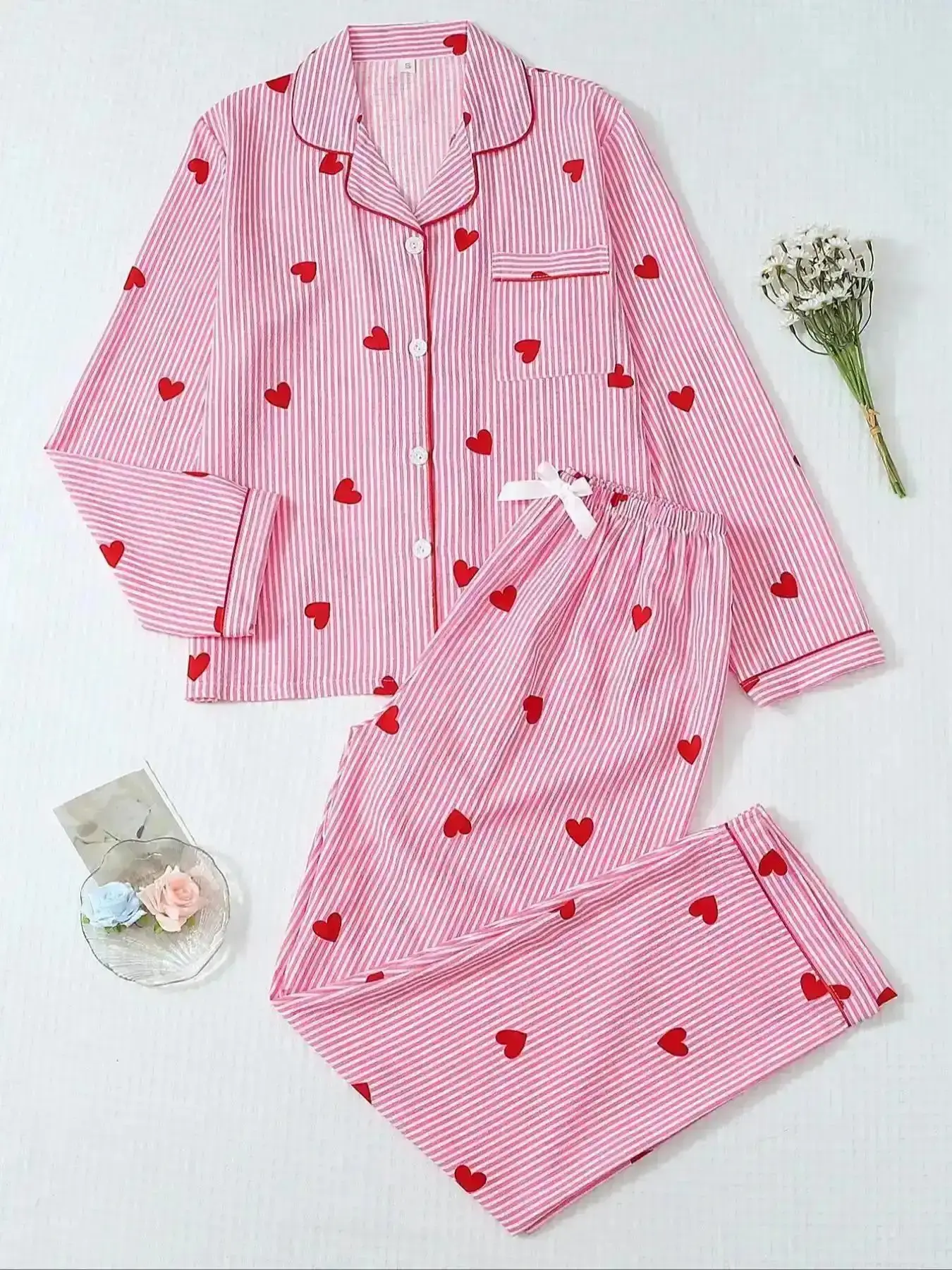 Versatile Women's Striped Bow Print Woven Long Sleeve Fitted Pajama Set, Pjs, Sweet Cute Button Front Top and Pants, Casual Loungewear Home Wear for All Seasons, Breathable Nightwear, Trendy, On Trend, Stylish