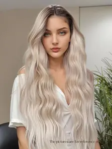 Topshe 13*6 Large Lace Front Wig in Platinum Color, Long Wavy Hair with Natural Parting, Breathable and Lightweight Design for All Seasons