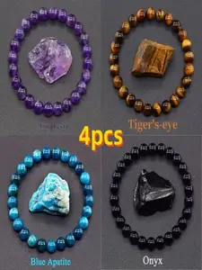 Bohemian Beaded Bracelet Set, Includes Amethyst, Tiger Eye, Obsidian, Blue Phosphate, Elastic Beaded Bracelets, Wealth and Love Jewelry